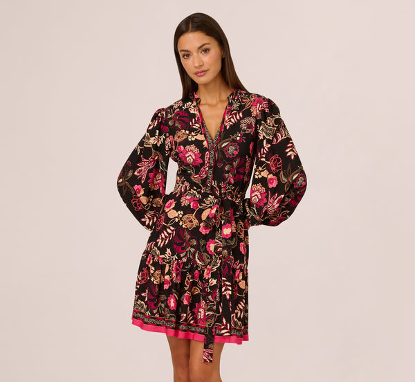 Adrianna Papell Floral Printed V Neck Button Front Dress With Long Sleeves In Black Multi