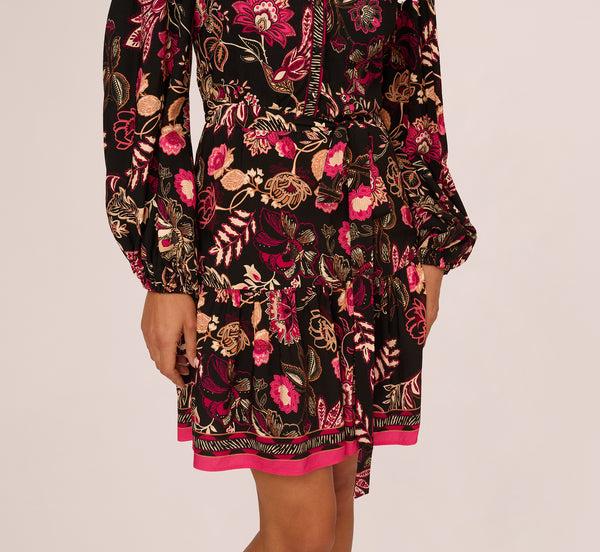 Adrianna Papell Floral Printed V Neck Button Front Dress With Long Sleeves In Black Multi