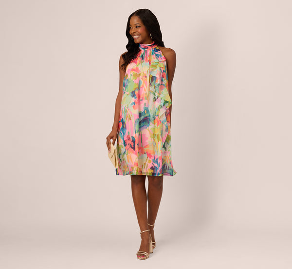 adrianna papell Floral Ruffle Chiffon Halter Trapeze Dress In Pink Multi adrianna papell Floral Ruffle Chiffon Halter Trapeze Dress In Pink Multi