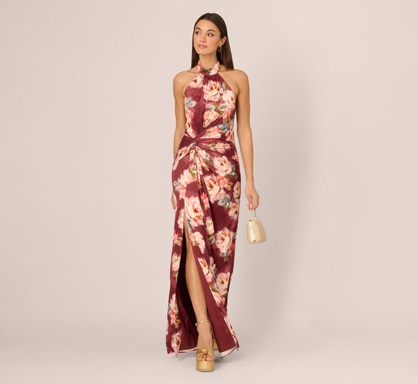Adrianna Papell Floral Satin Twist Waist Halter Gown In Brown Multi