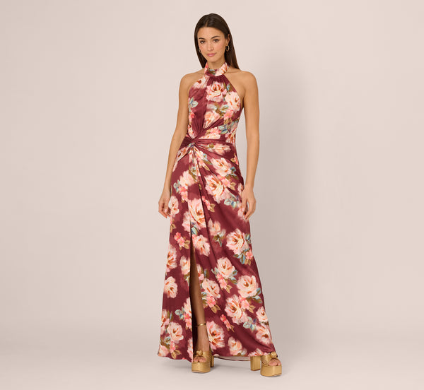 Adrianna Papell Floral Satin Twist Waist Halter Gown In Brown Multi