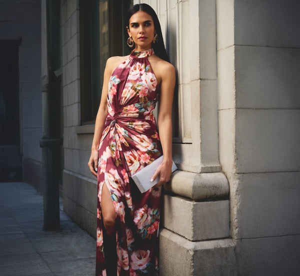 adrianna papell Floral Satin Twist Waist Halter Gown In Brown Multi