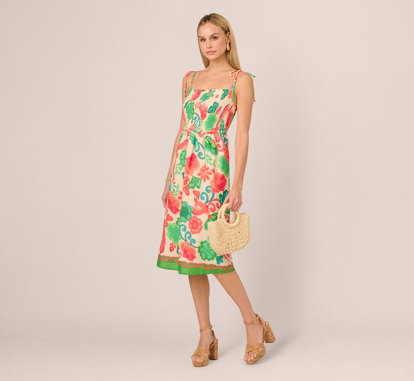 Adrianna Papell Floral Shirred Cotton Midi Sundress In Ivory Multi