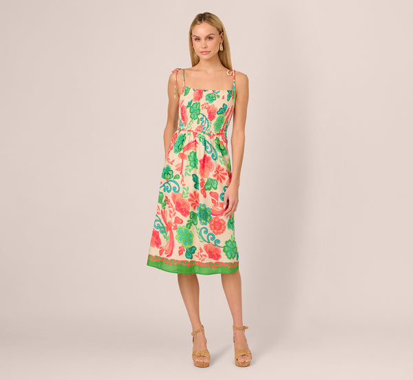 Adrianna Papell Floral Shirred Cotton Midi Sundress In Ivory Multi