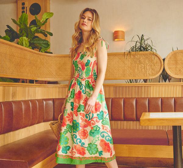 adrianna papell Floral Shirred Cotton Midi Sundress In Ivory Multi adrianna papell Floral Shirred Cotton Midi Sundress In Ivory Multi