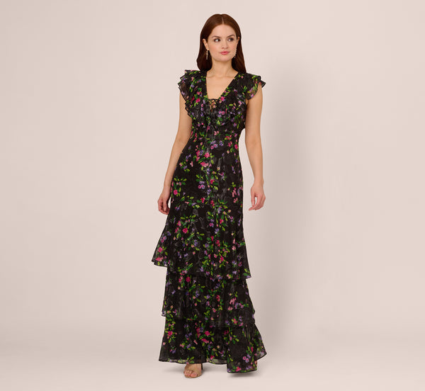 Adrianna Papell Floral Tiered Chiffon Gown With Flutter Sleeves In Black Multi