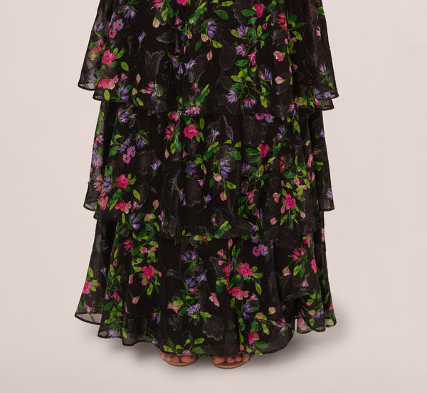 Adrianna Papell Floral Tiered Chiffon Gown With Flutter Sleeves In Black Multi