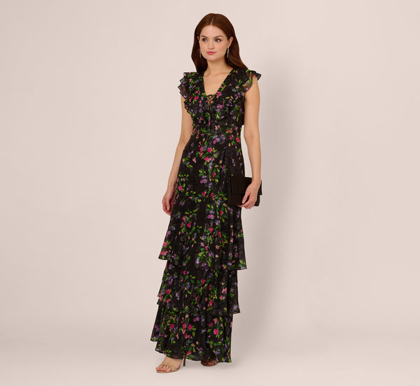 adrianna papell Floral Tiered Chiffon Gown With Flutter Sleeves In Black Multi