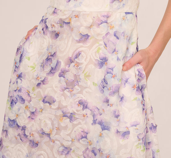 Adrianna Papell Floral Tulle Soutache A Line Midi Dress With Embellished Straps In Ivory Multi