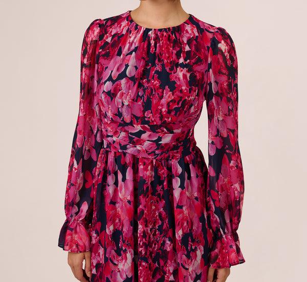 Adrianna Papell Floral Wrap Waist Ankle Dress In Navy Pink Multi