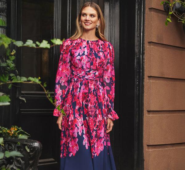 adrianna papell Floral Wrap Waist Ankle Dress In Navy Pink Multi adrianna papell Floral Wrap Waist Ankle Dress In Navy Pink Multi