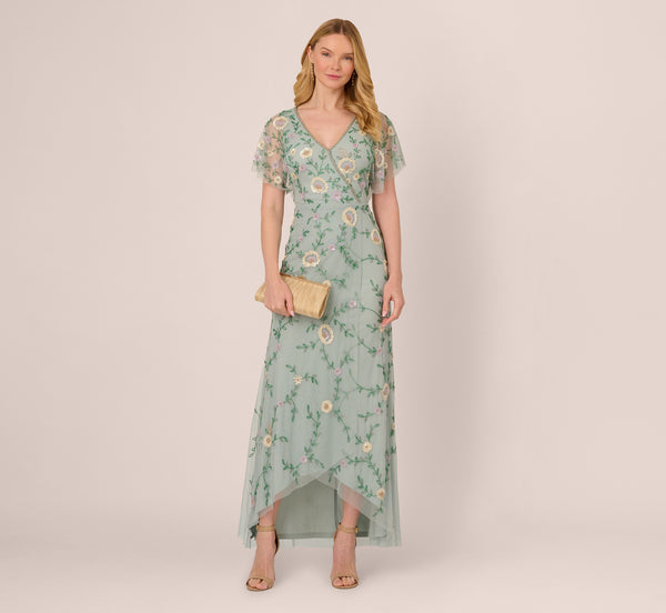 Adrianna Papell Flutter Sleeve Beaded Wrap Dress In Aqua Dust