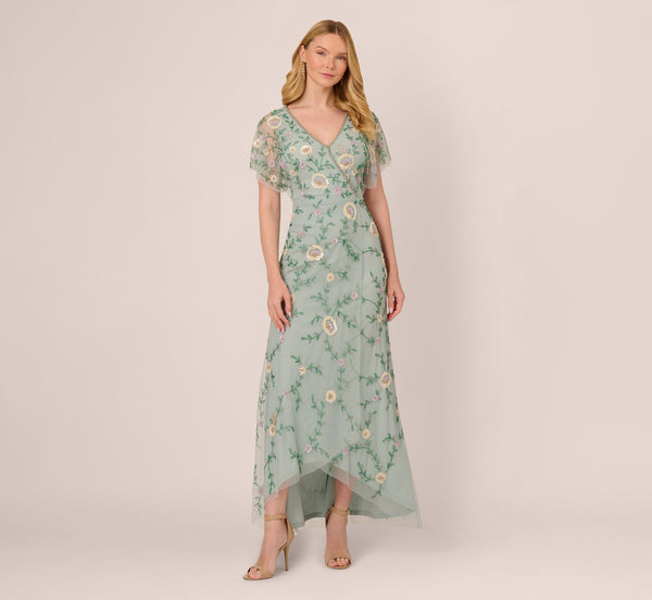 Adrianna Papell Flutter Sleeve Beaded Wrap Dress In Aqua Dust