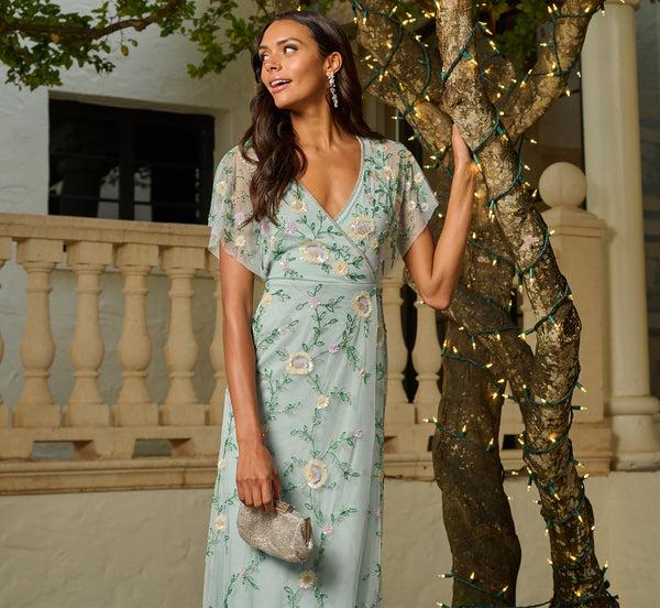 adrianna papell Flutter Sleeve Beaded Wrap Dress In Aqua Dust