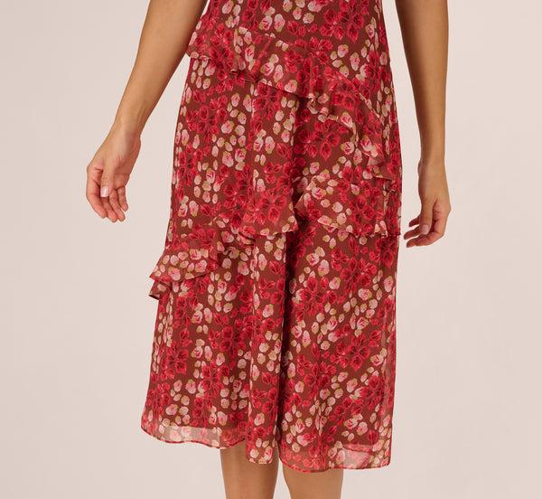 Adrianna Papell Flutter Sleeve Boat Neck Floral Chiffon Midi Dress In Mocha Multi