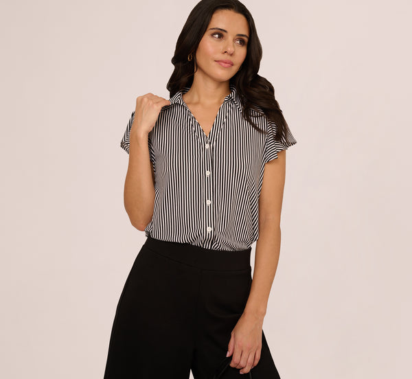 adrianna papell Flutter Sleeve Button Front Printed Top In Black Ivory Small Stripe