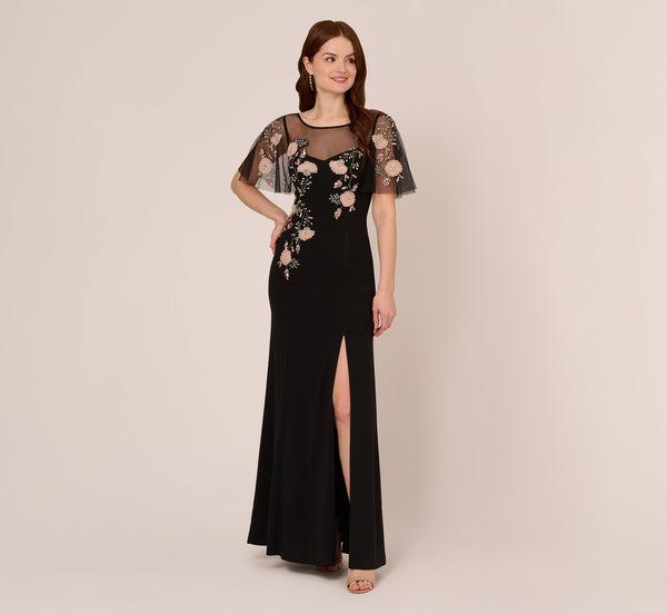Adrianna Papell Flutter Sleeve Crepe Gown With Floral Sequin Beading In Black Blush Multi