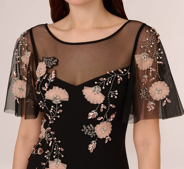 Adrianna Papell Flutter Sleeve Crepe Gown With Floral Sequin Beading In Black Blush Multi