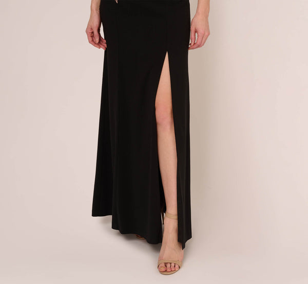 Adrianna Papell Flutter Sleeve Crepe Gown With Floral Sequin Beading In Black Blush Multi