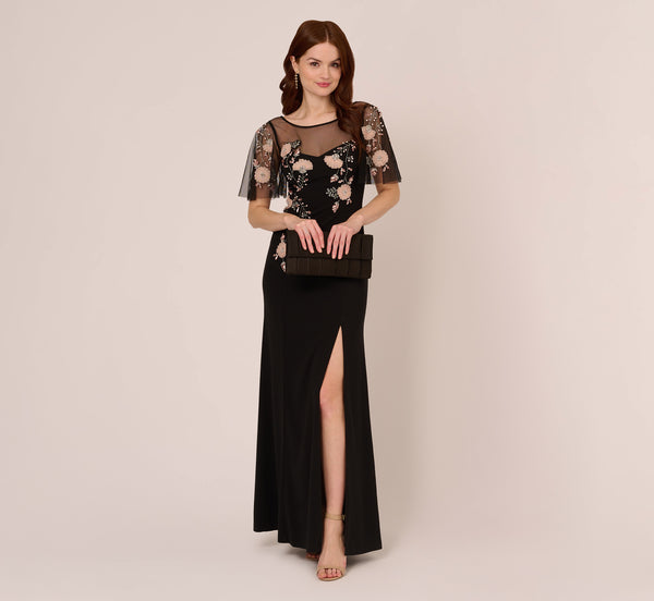 adrianna papell Flutter Sleeve Crepe Gown With Floral Sequin Beading In Black Blush Multi