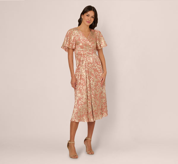 Adrianna Papell Flutter Sleeve Draped Foil Leaf Midi Dress In Coral Gold