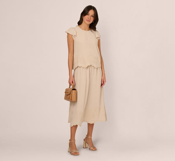 Adrianna Papell Flutter Sleeve Embroidery Scalloped Hem Top In Bamboo Wood