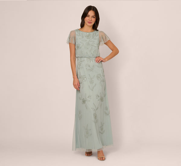 Adrianna Papell Flutter Sleeve Floral Beaded Blouson Gown In Aqua Dust