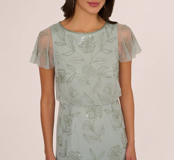 Adrianna Papell Flutter Sleeve Floral Beaded Blouson Gown In Aqua Dust