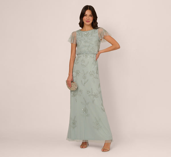 adrianna papell Flutter Sleeve Floral Beaded Blouson Gown In Aqua Dust
