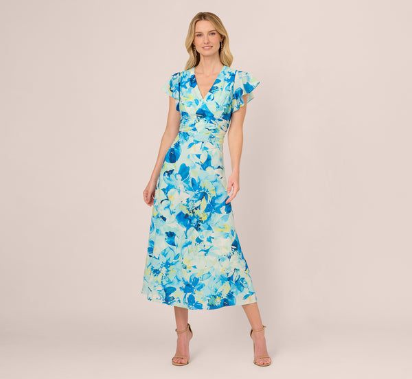 Adrianna Papell Flutter Sleeve Floral Chiffon Midi Dress In Blue Multi