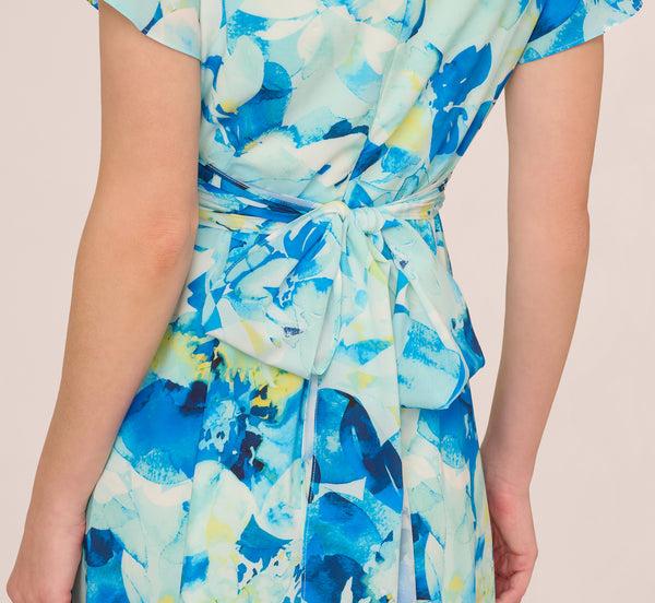 Adrianna Papell Flutter Sleeve Floral Chiffon Midi Dress In Blue Multi