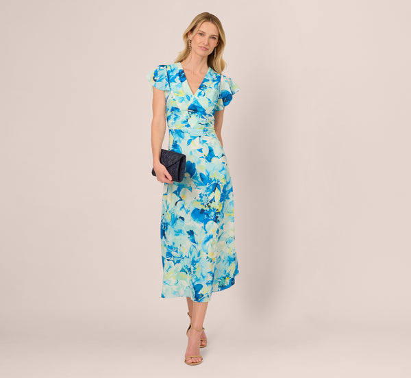 adrianna papell Flutter Sleeve Floral Chiffon Midi Dress In Blue Multi adrianna papell Flutter Sleeve Floral Chiffon Midi Dress In Blue Multi