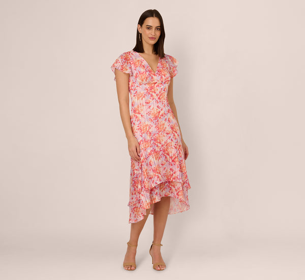 Adrianna Papell Flutter Sleeve Floral Stripe Flounce Midi Dress In Peri Coral Multi