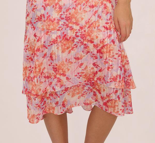 Adrianna Papell Flutter Sleeve Floral Stripe Flounce Midi Dress In Peri Coral Multi