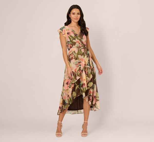 Adrianna Papell Flutter Sleeve High Low Midi Wrap Dress In Brown Multi
