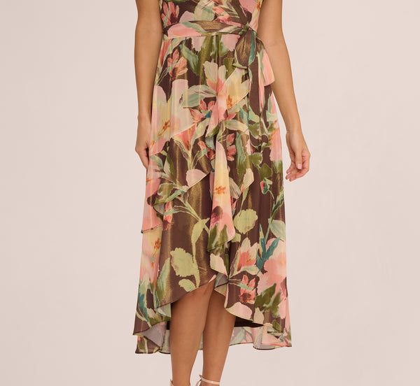 Adrianna Papell Flutter Sleeve High Low Midi Wrap Dress In Brown Multi