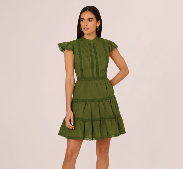 Adrianna Papell Flutter Sleeve Lace Short Cotton Dress In Olive Green