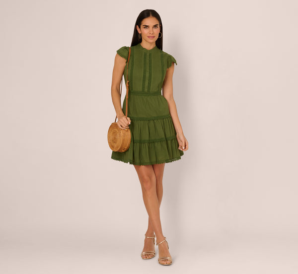adrianna papell Flutter Sleeve Lace Short Cotton Dress In Olive Green adrianna papell Flutter Sleeve Lace Short Cotton Dress In Olive Green
