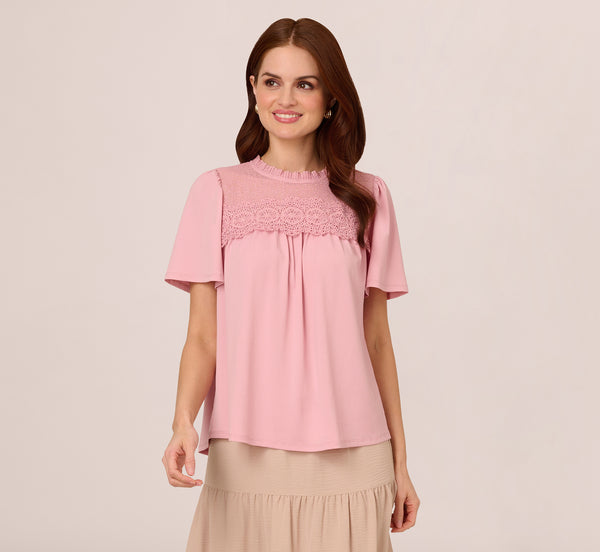 Adrianna Papell Flutter Sleeve Lace Yoke Trapeze Top In Pink Nectar