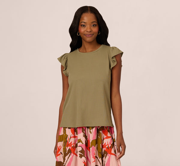 Adrianna Papell Flutter Sleeve Rib Knit Top In Army Green