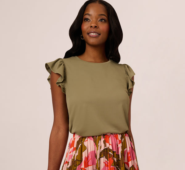 adrianna papell Flutter Sleeve Rib Knit Top In Army Green