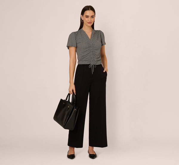 adrianna papell Flutter Sleeve Ruched Front Printed Top In Black Cloud Carnation