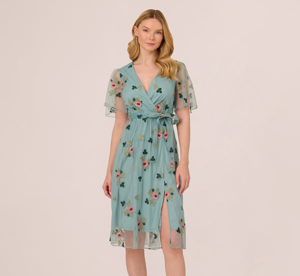 Adrianna Papell Flutter Sleeve Surplice Embroidered Midi Dress In Slate Multi