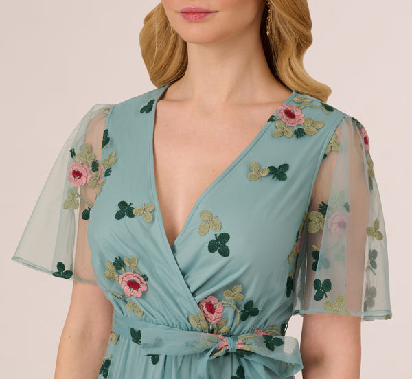 Adrianna Papell Flutter Sleeve Surplice Embroidered Midi Dress In Slate Multi