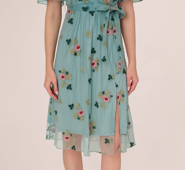 Adrianna Papell Flutter Sleeve Surplice Embroidered Midi Dress In Slate Multi