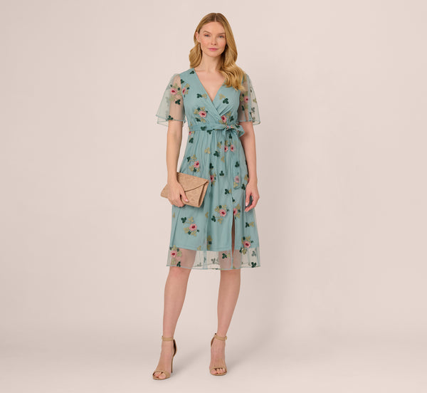 adrianna papell Flutter Sleeve Surplice Embroidered Midi Dress In Slate Multi