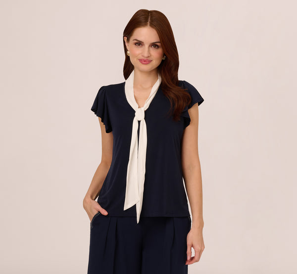 Adrianna Papell Flutter Sleeve Tie Neck Knit Top In Navy Ivory