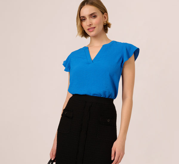 Adrianna Papell Flutter Sleeve Top With Notched Neck In Egyptian Blue