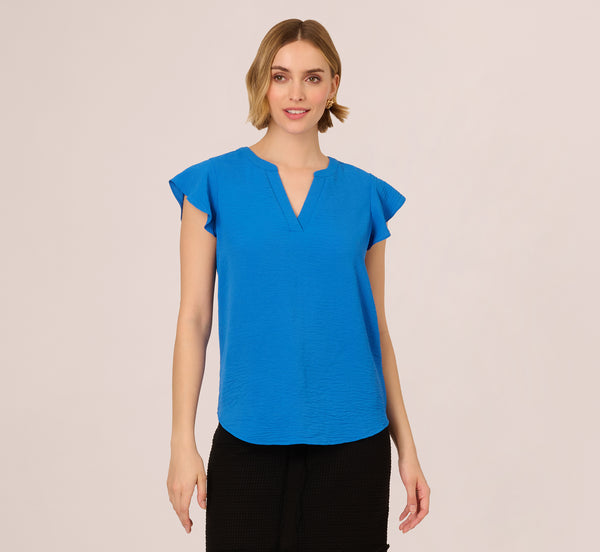 Adrianna Papell Flutter Sleeve Top With Notched Neck In Egyptian Blue