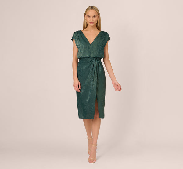 Adrianna Papell Foil Blouson Midi Dress With Faux Wrap Skirt In Dark Ivy